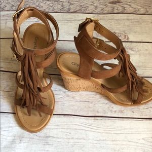 Brown suede fringe wedges